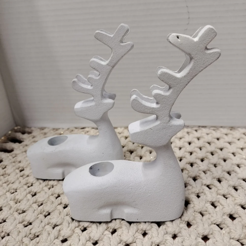 Crate & Barrel Reindeer Taper Candle Holders Set Of 2 Handcast Aluminum & Iron